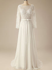 A-line Illusion Chiffon Sweep Train Wedding Dress with Beading