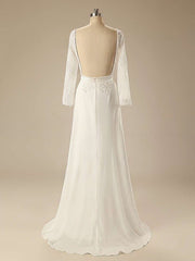 A-line Illusion Chiffon Sweep Train Wedding Dress with Beading