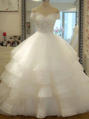 Off-the-shoulder Ball Gown Wedding Dress With Organza Court Train and Tiered Skirt