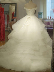 Off-the-shoulder Ball Gown Wedding Dress With Organza Court Train and Tiered Skirt