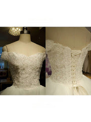 Off-the-shoulder Ball Gown Wedding Dress With Organza Court Train and Tiered Skirt