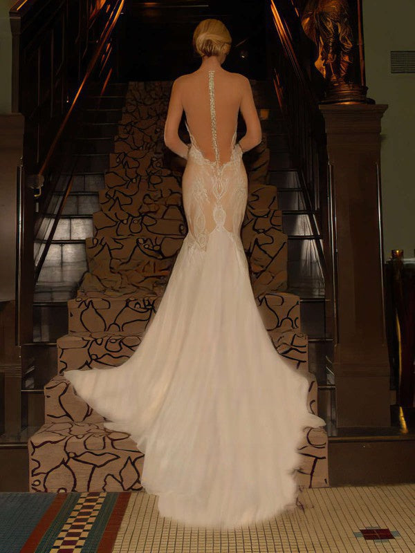 Mermaid Illusion Chiffon Wedding Dress with Appliques Lace