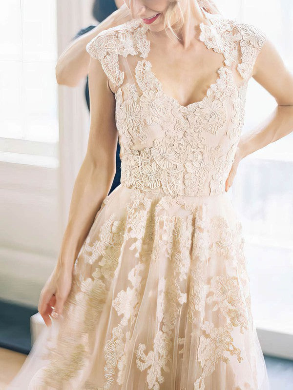 A-line V-neck Tulle Sweep Train Wedding Dress with Appliques Lace