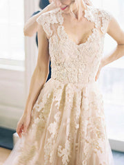 A-line V-neck Tulle Sweep Train Wedding Dress with Appliques Lace