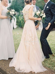 A-line V-neck Tulle Sweep Train Wedding Dress with Appliques Lace