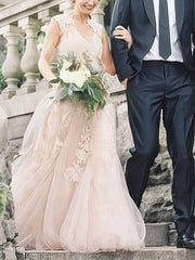 A-line V-neck Tulle Sweep Train Wedding Dress with Appliques Lace