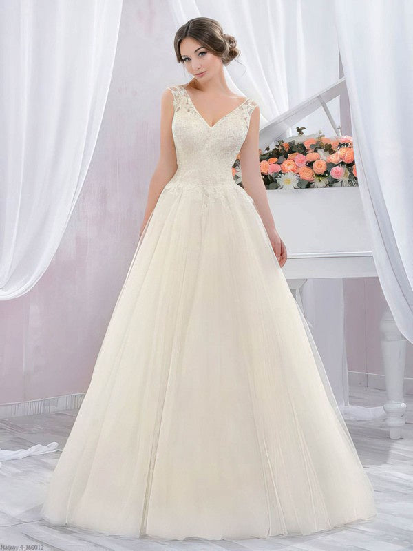 V-neck Tulle Floor-length Wedding Dress with Appliques and Lace