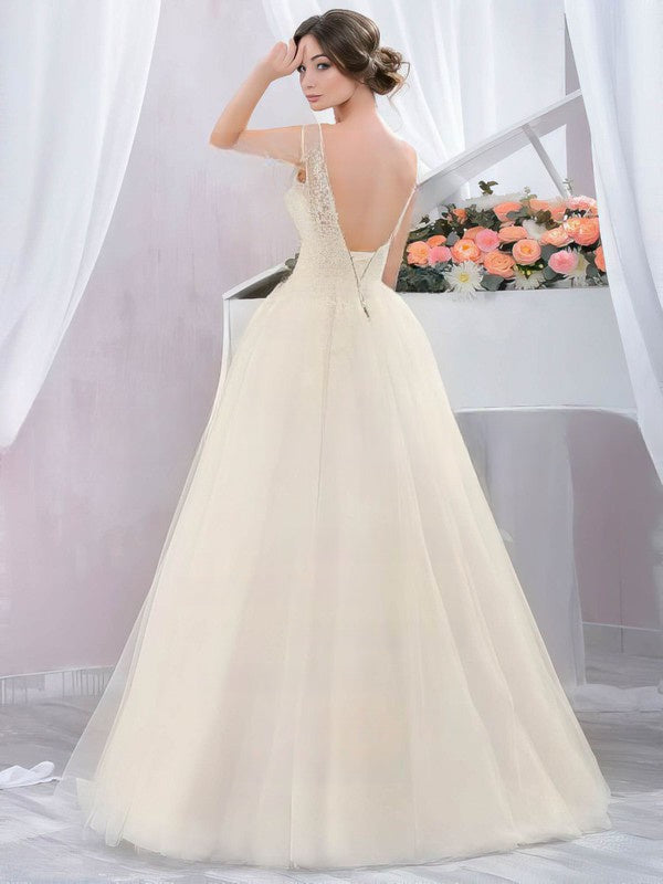 V-neck Tulle Floor-length Wedding Dress with Appliques and Lace