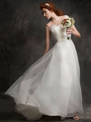 A-Line Illusion Lace Tulle Floor-Length Wedding Dress with Sashes/Ribbons