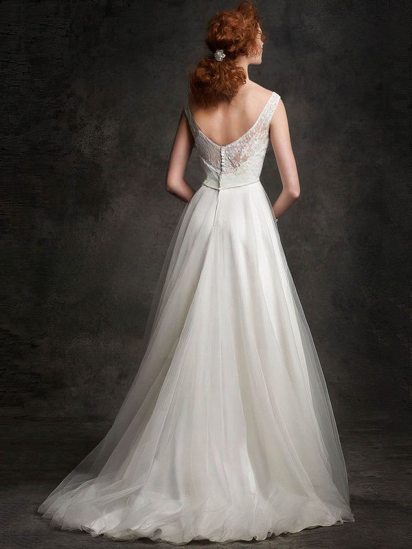 A-Line Illusion Lace Tulle Floor-Length Wedding Dress with Sashes/Ribbons