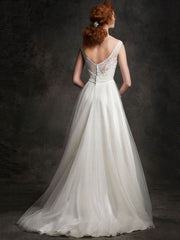 A-Line Illusion Lace Tulle Floor-Length Wedding Dress with Sashes/Ribbons