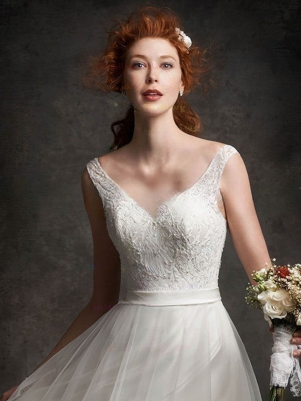 A-Line Illusion Lace Tulle Floor-Length Wedding Dress with Sashes/Ribbons