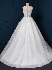 Elegant Ball Gown Illusion Tulle Sweep Train Wedding Dresses With Appliques Lace