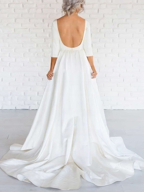 A-line Scoop Neck Satin Sweep Train Wedding Dress