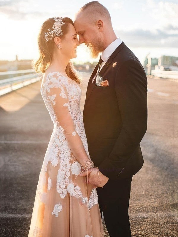 Illusion Tulle Floor-length Wedding Dresses With Appliques Lace Ball Gown