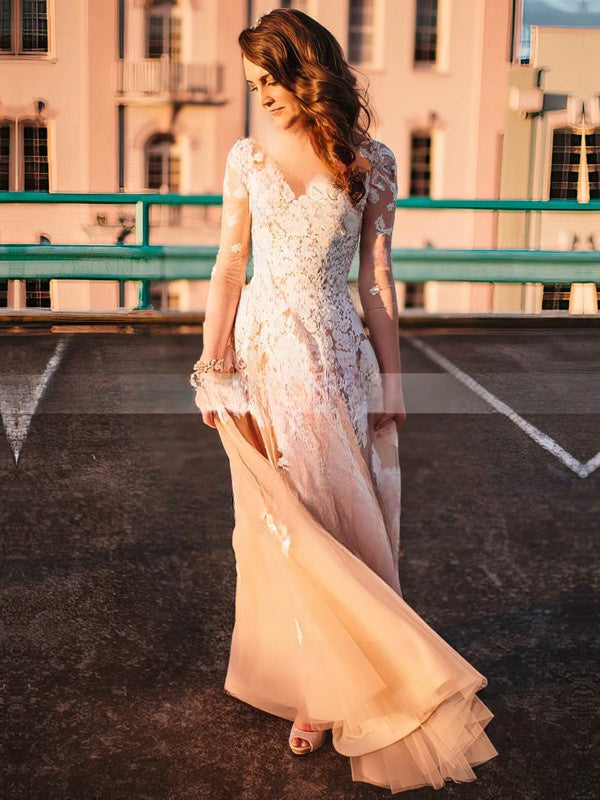 Illusion Tulle Floor-length Wedding Dresses With Appliques Lace Ball Gown