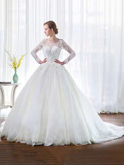 Illusion Tulle Chapel Train Wedding Dress with Appliques Lace