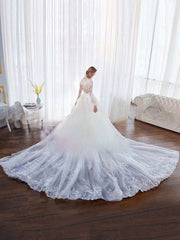 Illusion Tulle Chapel Train Wedding Dress with Appliques Lace