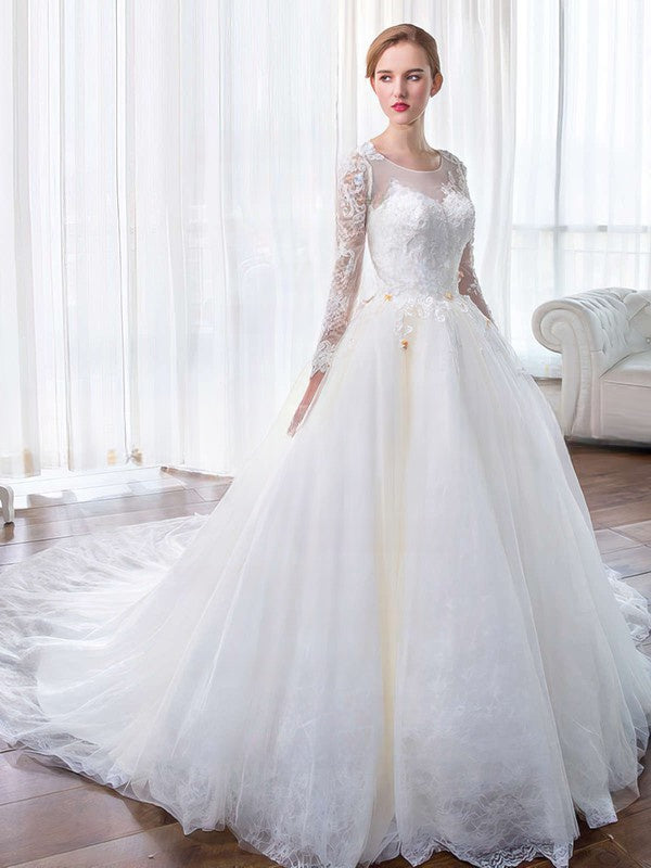 Illusion Tulle Chapel Train Wedding Dress with Appliques Lace