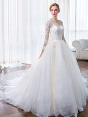 Illusion Tulle Chapel Train Wedding Dress with Appliques Lace