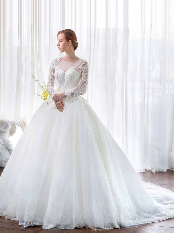 Illusion Tulle Chapel Train Wedding Dress with Appliques Lace