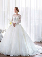 Illusion Tulle Chapel Train Wedding Dress with Appliques Lace