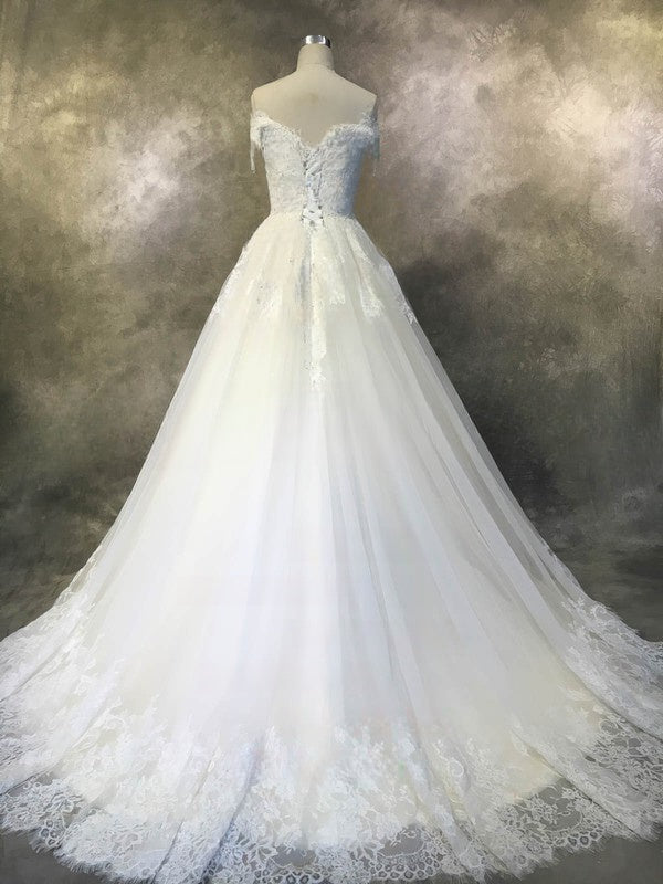 Off-the-shoulder Tulle Court Train Wedding Dress with Beading for a Ball Gown Look