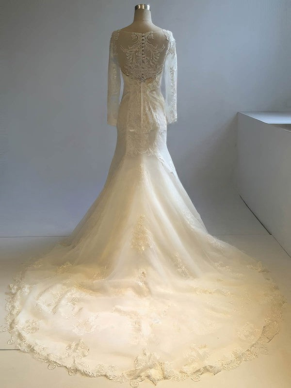 Lace Appliques Trumpet/Mermaid Illusion Tulle Court Train Wedding Dresses