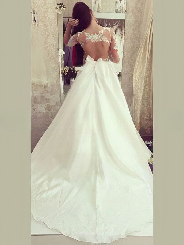 Illusion Satin Ball Gown Wedding Dress with Appliques Lace and Sweep Train