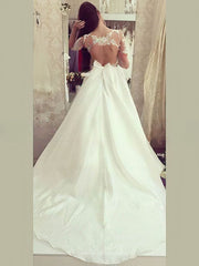 Illusion Satin Ball Gown Wedding Dress with Appliques Lace and Sweep Train