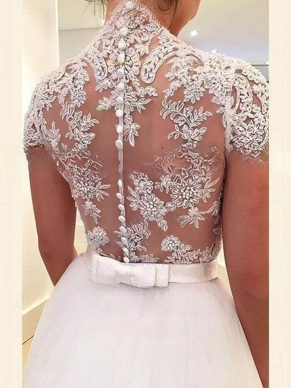 V-neck Tulle Ball Gown Wedding Dress with Sash and Ribbon