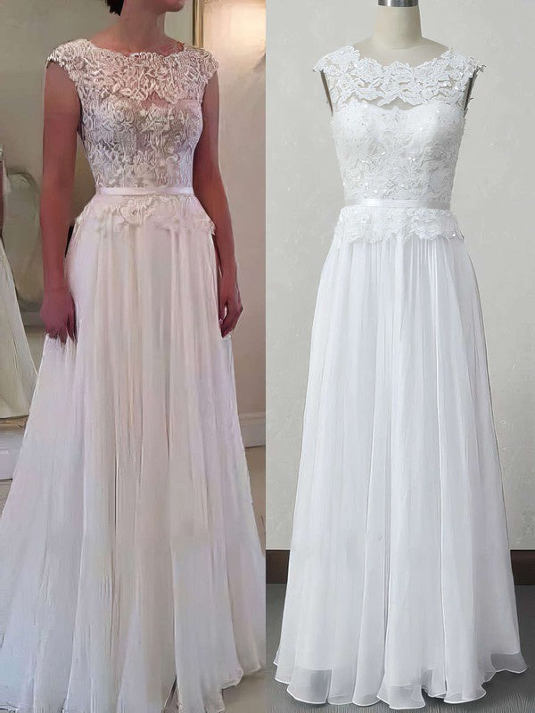 A-line Illusion Chiffon Floor-length Wedding Dress with Appliques Lace