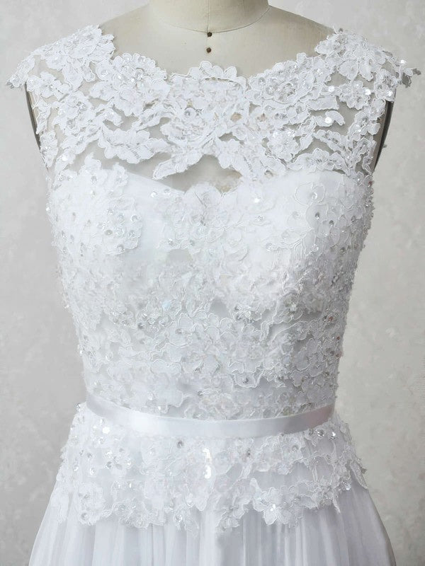 A-line Illusion Chiffon Floor-length Wedding Dress with Appliques Lace