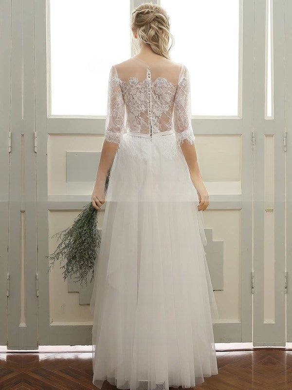 A-line Illusion Tulle Floor-length Wedding Dress With Appliques Lace