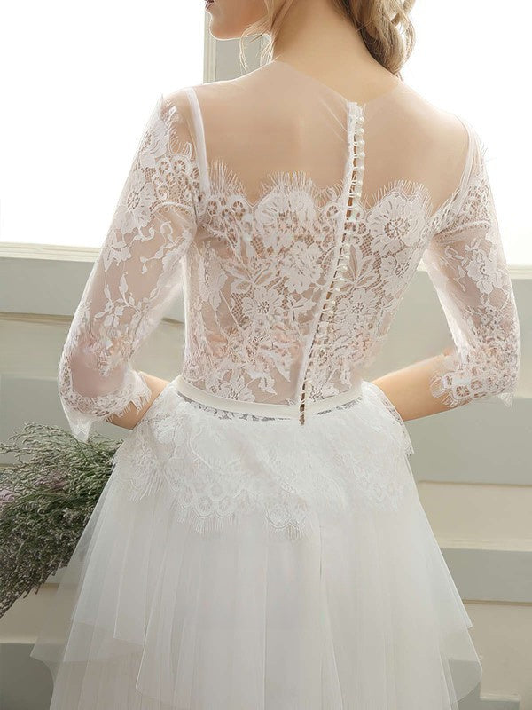 A-line Illusion Tulle Floor-length Wedding Dress With Appliques Lace