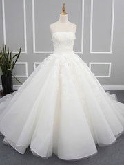 Organza Chapel Train Wedding Dress with Appliques Lace for Ball Gowns