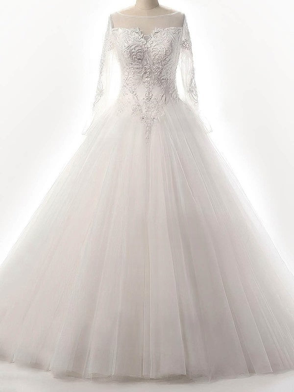 Elegant Ball Gown Illusion Tulle Floor-length Wedding Dress With Beading