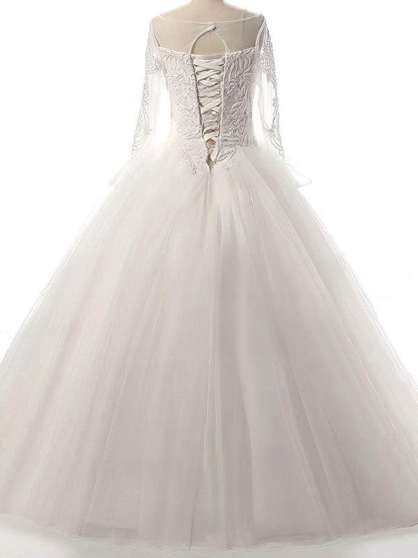 Elegant Ball Gown Illusion Tulle Floor-length Wedding Dress With Beading