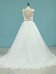 Beautiful V-neck Ball Gown Tulle Court Train Wedding Dress With Beading