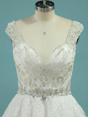 Beautiful V-neck Ball Gown Tulle Court Train Wedding Dress With Beading