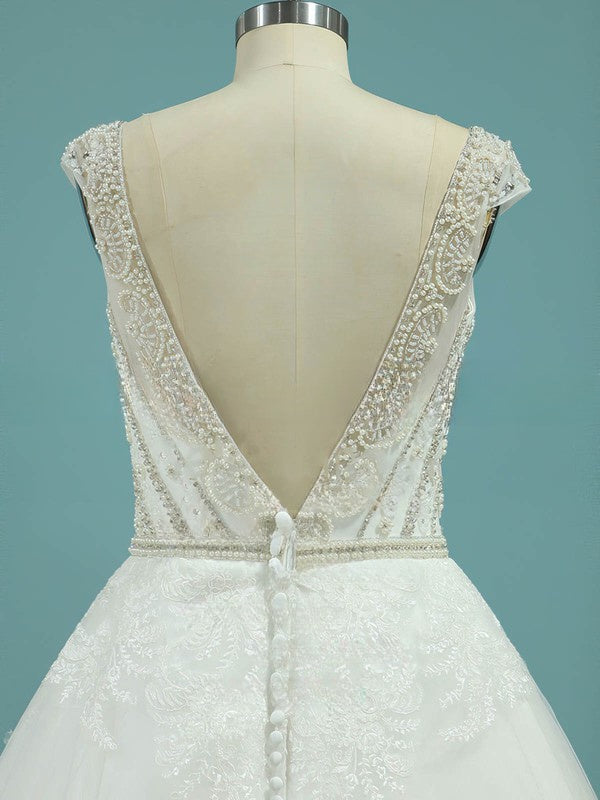 Beautiful V-neck Ball Gown Tulle Court Train Wedding Dress With Beading