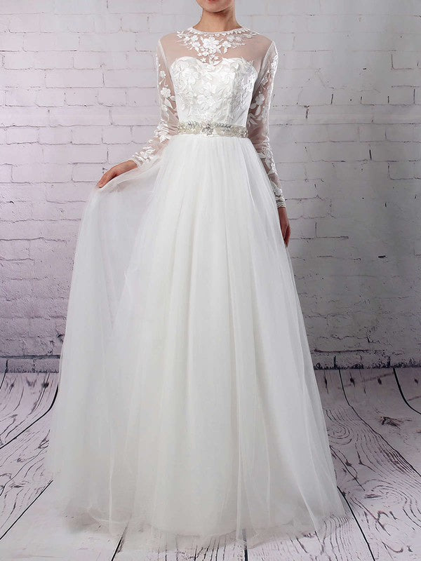 Illusion Tulle Floor-length Wedding Dress With Appliques Lace