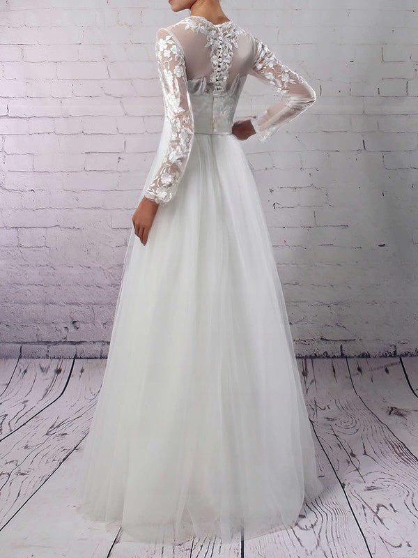 Illusion Tulle Floor-length Wedding Dress With Appliques Lace