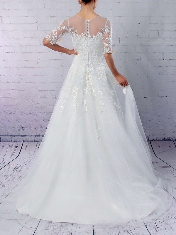 Illusion Tulle Ball Gown Wedding Dresses with Beading and Sweep Train