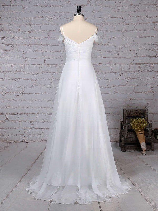 A-line V-neck Chiffon Sweep Train Wedding Dress with Ruffles