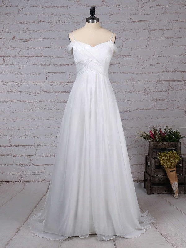 A-line V-neck Chiffon Sweep Train Wedding Dress with Ruffles