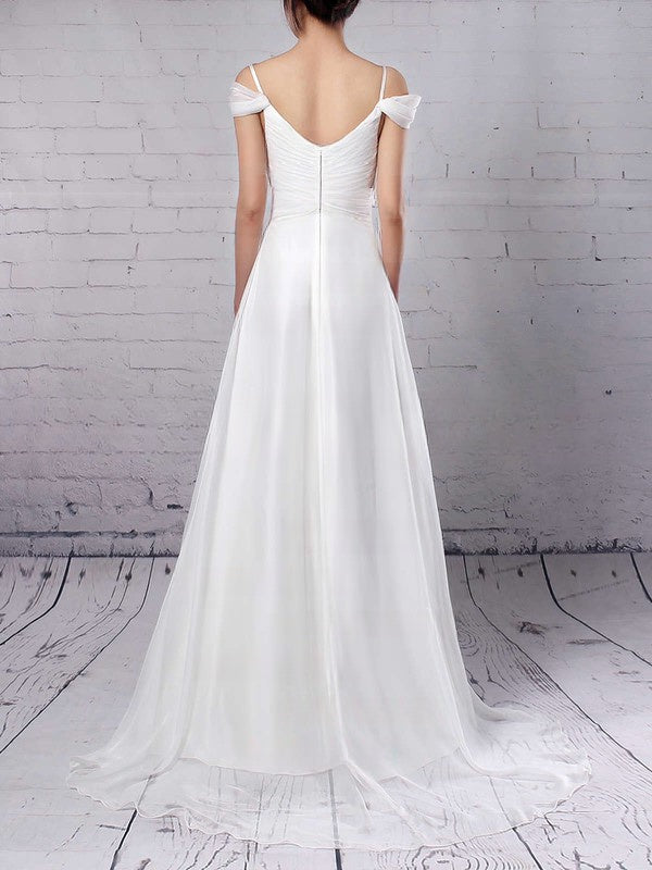 A-line V-neck Chiffon Sweep Train Wedding Dress with Ruffles