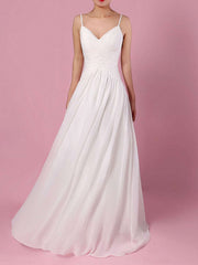 A-line V-neck Chiffon Sweep Train Wedding Dress with Ruffles