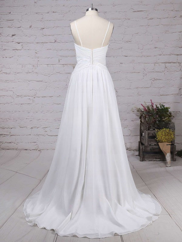 A-line V-neck Chiffon Sweep Train Wedding Dress with Ruffles