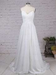 A-line V-neck Chiffon Sweep Train Wedding Dress with Ruffles